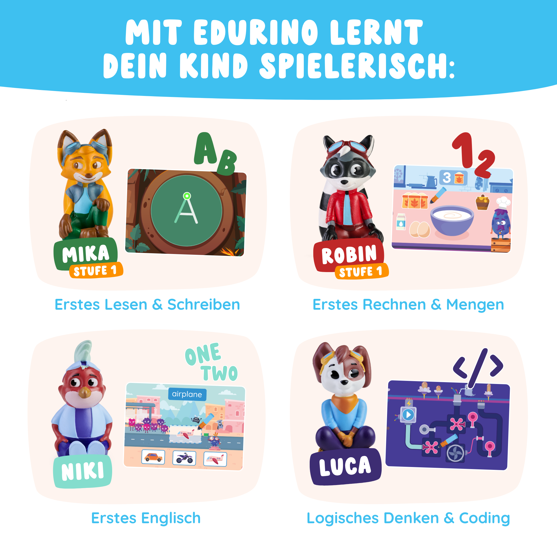 Das Edurino DE Ultimatives Starter-Bundle hilft Kindern mit vier Cartoon-Tieren, Lesen, Mathe, Englisch und Logik mit bunten Thementafeln und Requisiten zu lernen.