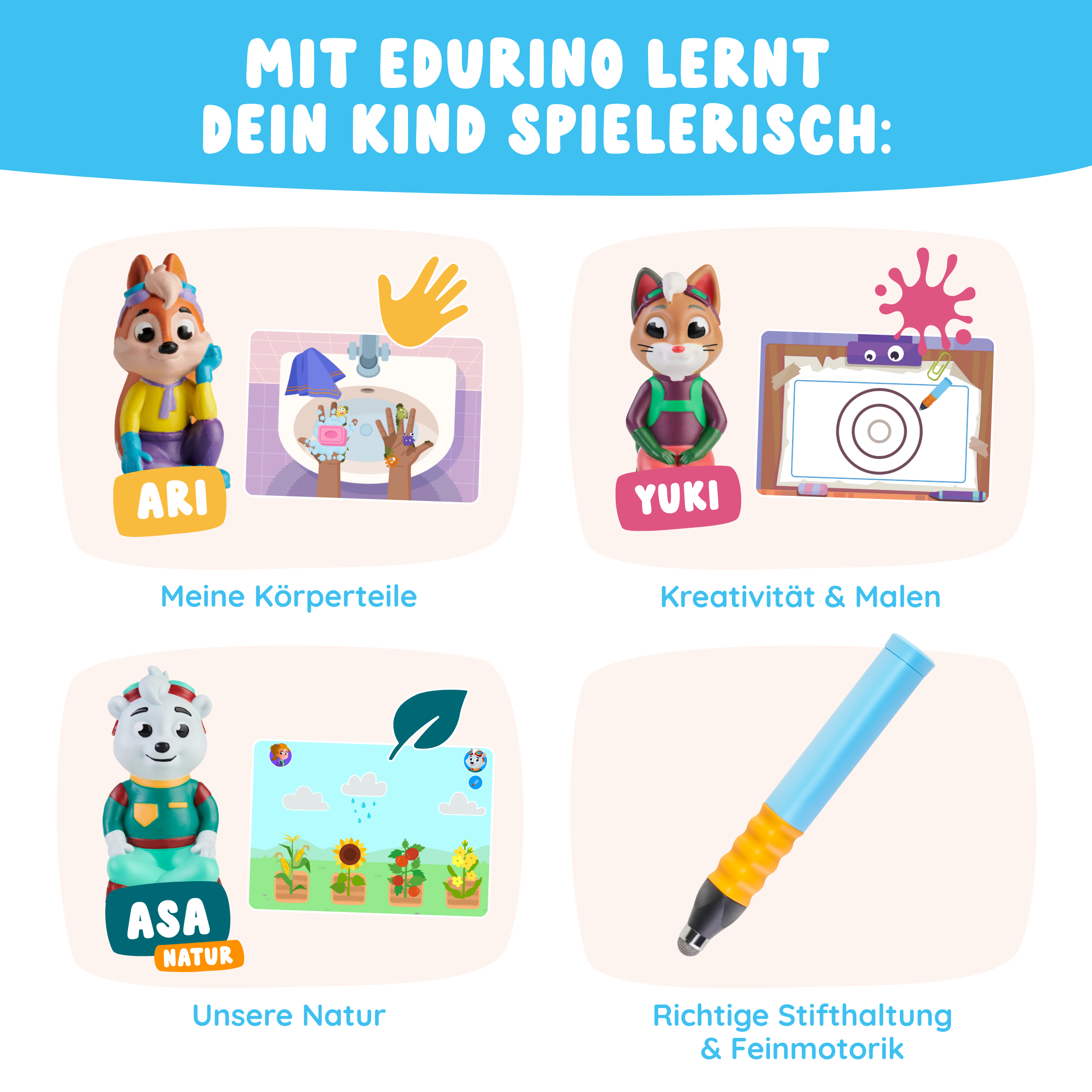 Vier Cartoon-Tiere im Edurino DE Ultimatives Starter-Bundle vermitteln spielerisch Themen wie Körperteile, Kreativität, Natur und Stifthaltung für Kinder.