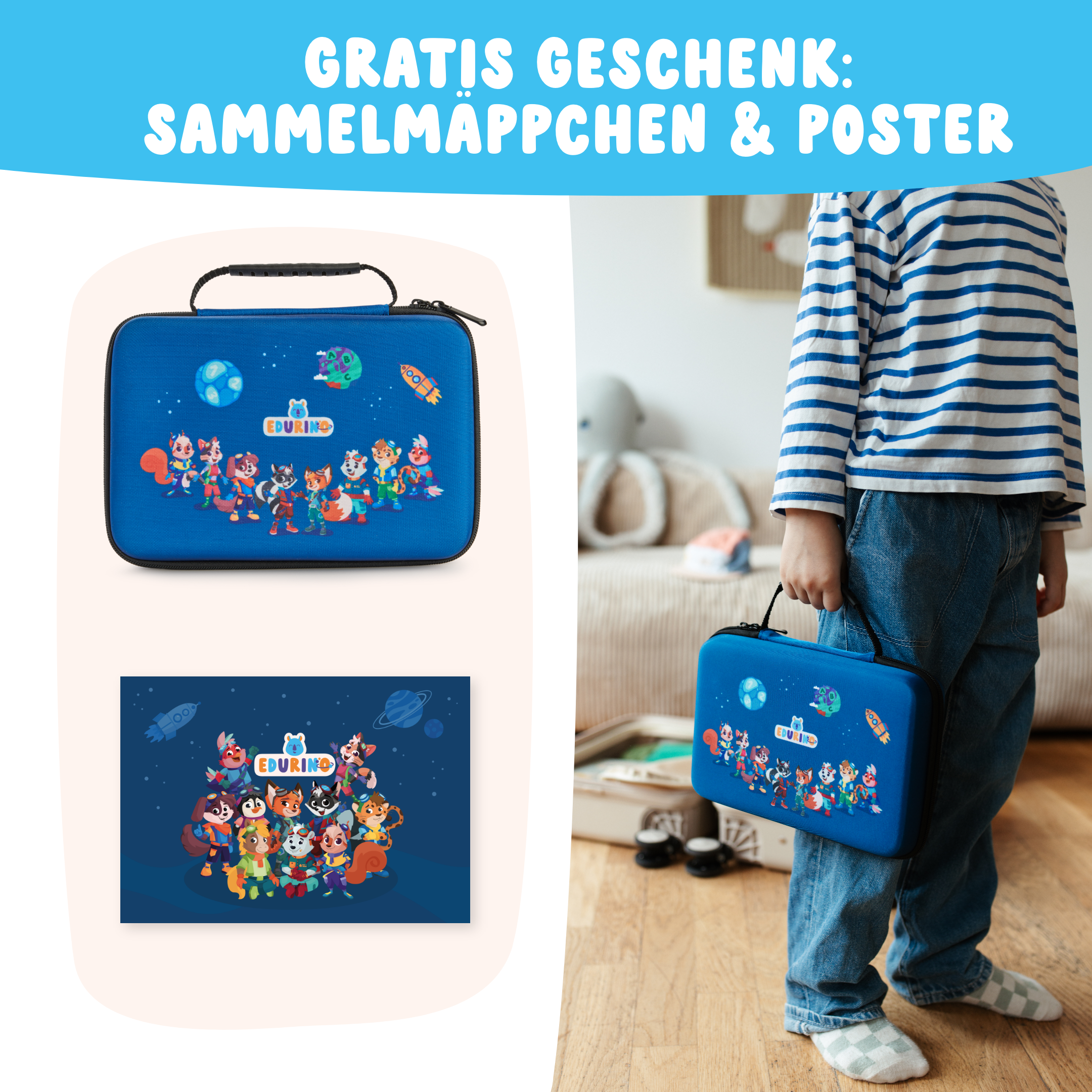 Ein Kind hält ein blaues Edurino DE Ultimatives Starter-Bundle mit Cartoon-Figuren in der Hand; das passende Poster ist abgebildet. Der deutsche Text wirbt für ein kostenloses Geschenkangebot.